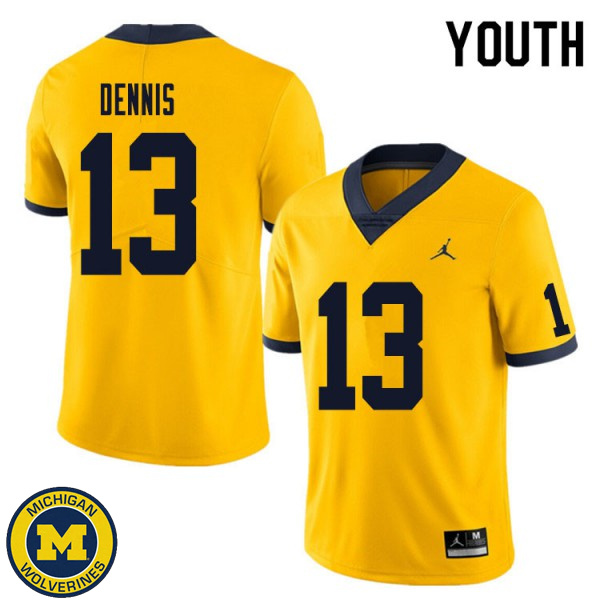 Youth Michigan Wolverines #13 Eamonn Dennis Yellow Embroidery Jersey